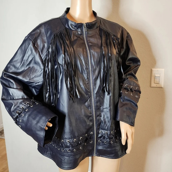 Kate & Mallory Vegan Leather Navy Blue fringe  lace up zip jacket. Women's 3X - Picture 3 of 16